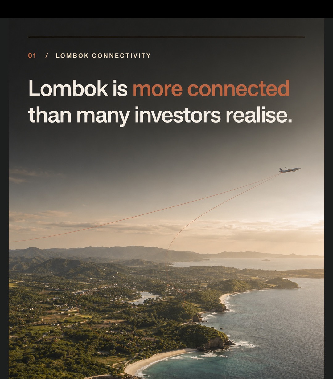 Aircraft approaching Lombok above the island’s southern coastline, illustrating Lombok’s growing air connectivity.