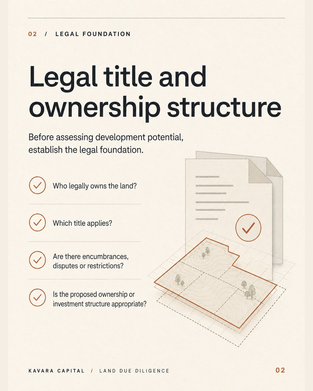 Land due-diligence illustration covering legal title, ownership, boundaries, restrictions and investment structure.