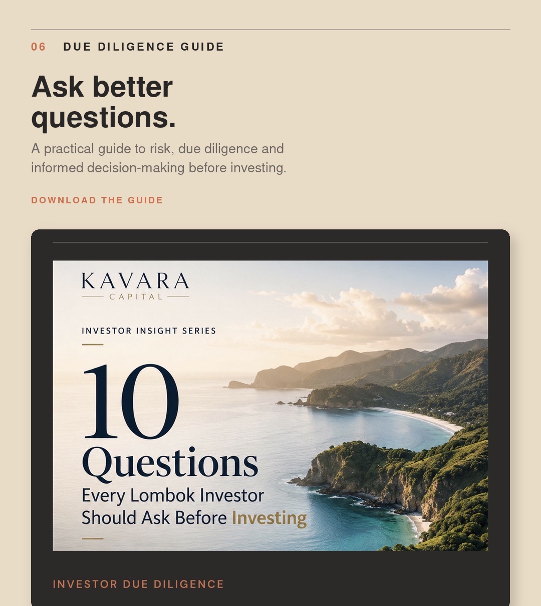 Cover of the Kavara Capital guide, 10 Questions Every Lombok Investor Should Ask Before Investing.
